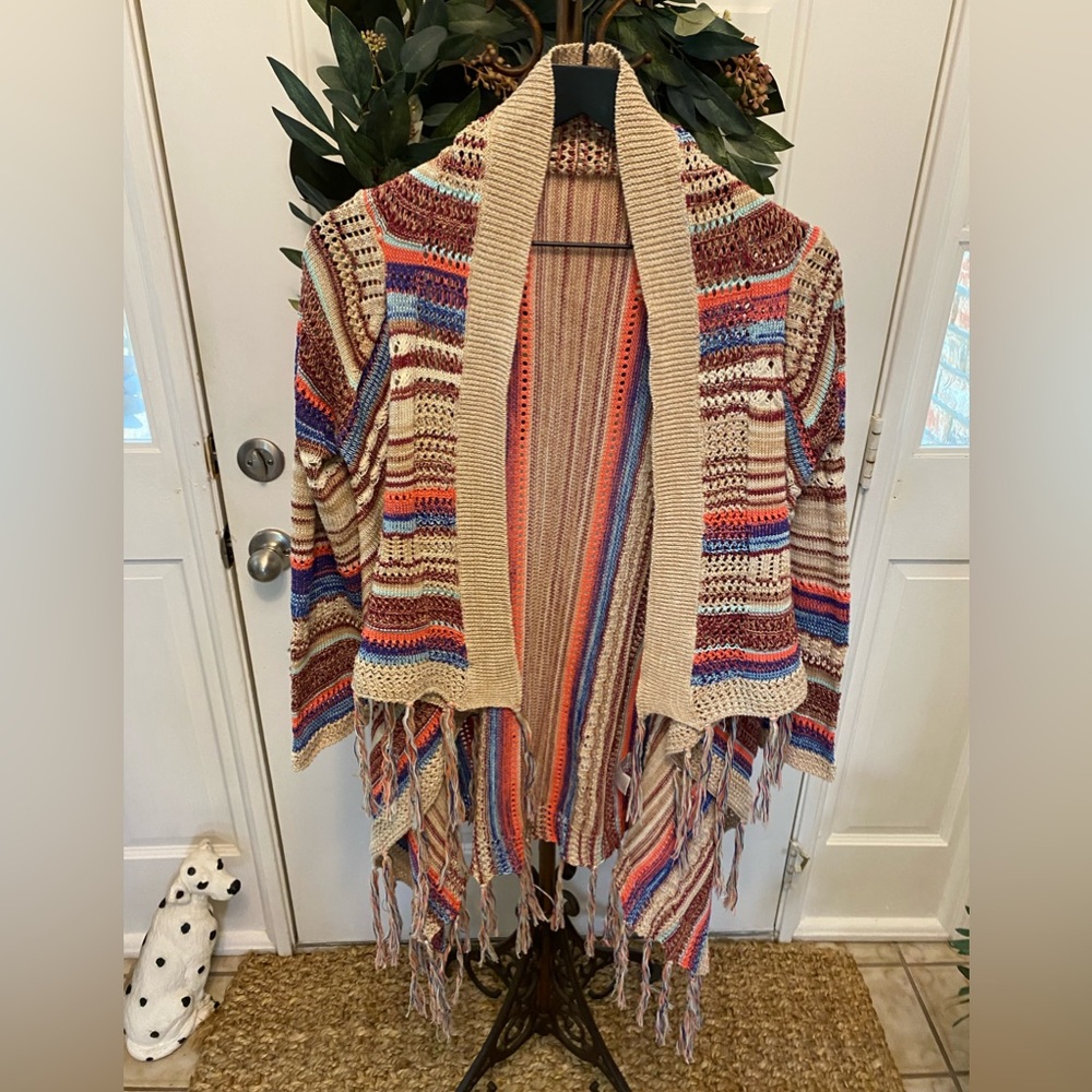 Boho Colorful Stripe Open Knit Open Front Cardiga… - image 1